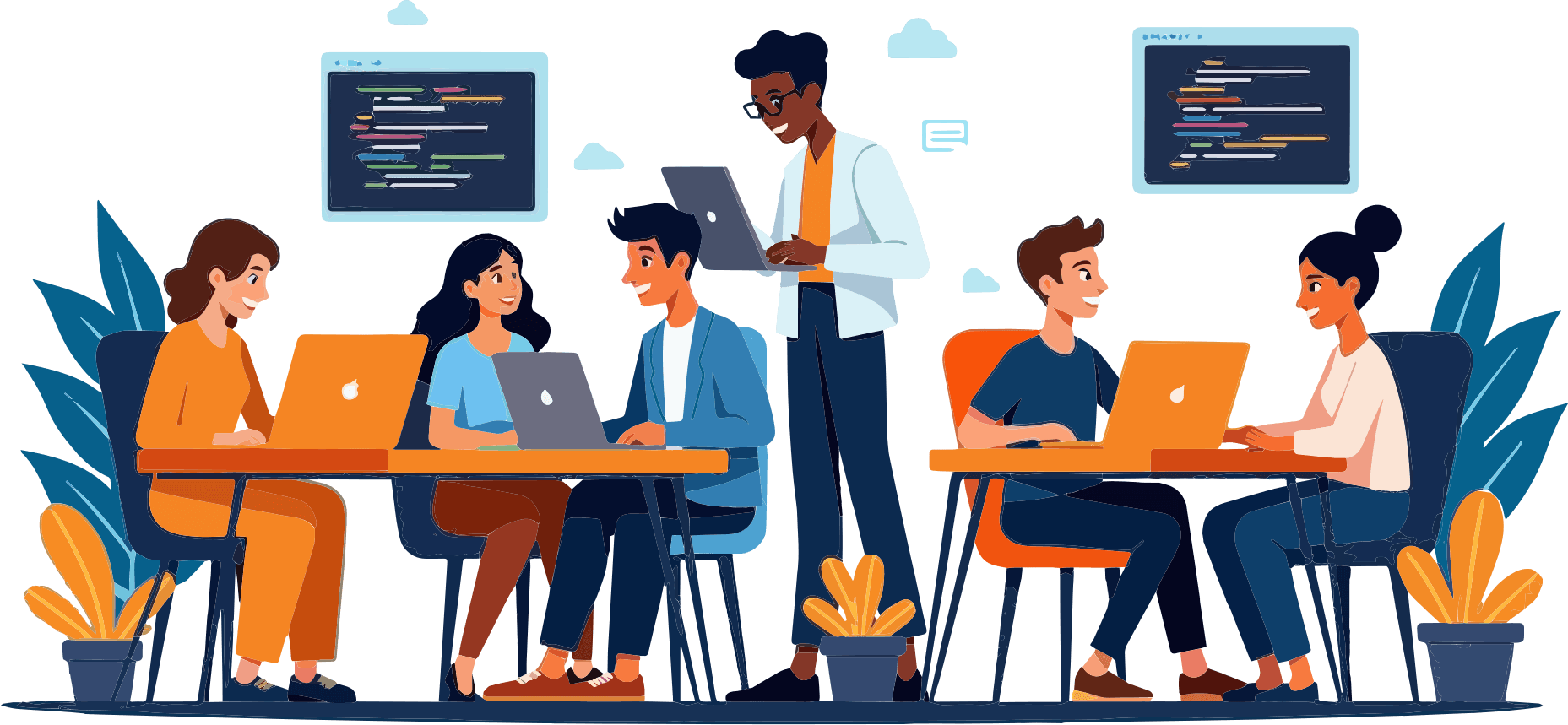 A happy group of people writing code and learning together